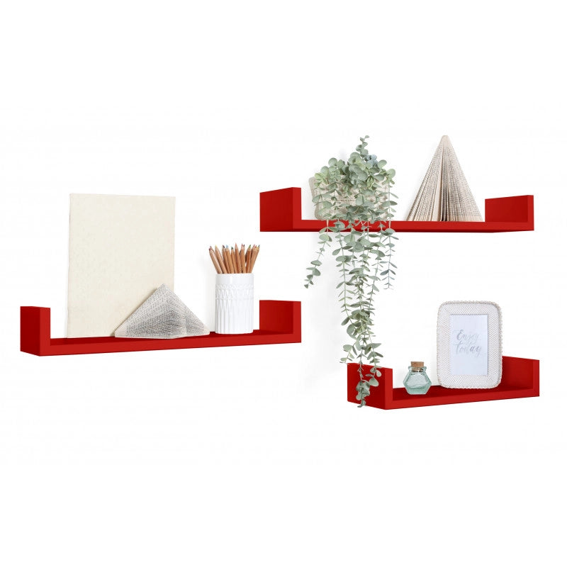 Set di 3 Mensole da Muro, Mensole Muro Design, Mensola da Parete, Rosso, 60x8 p15,5 cm, 50x8 p15,5 cm e 40x8 p15,5 cm - Calamita