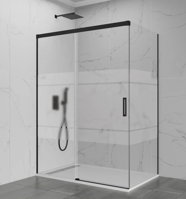 Box doccia angolare BASIC fisso + scorrevole + laterale fisso 100x80 cm (95-100/76,5-79) nero opaco vetro Frost