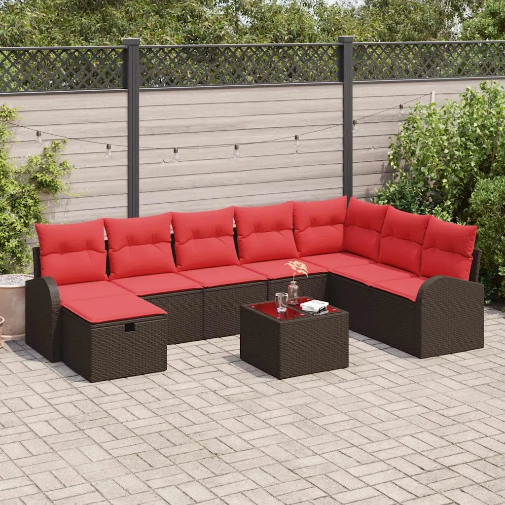 Set Divano da Giardino con cuscino 9 pcs Marrone Poly Rattan