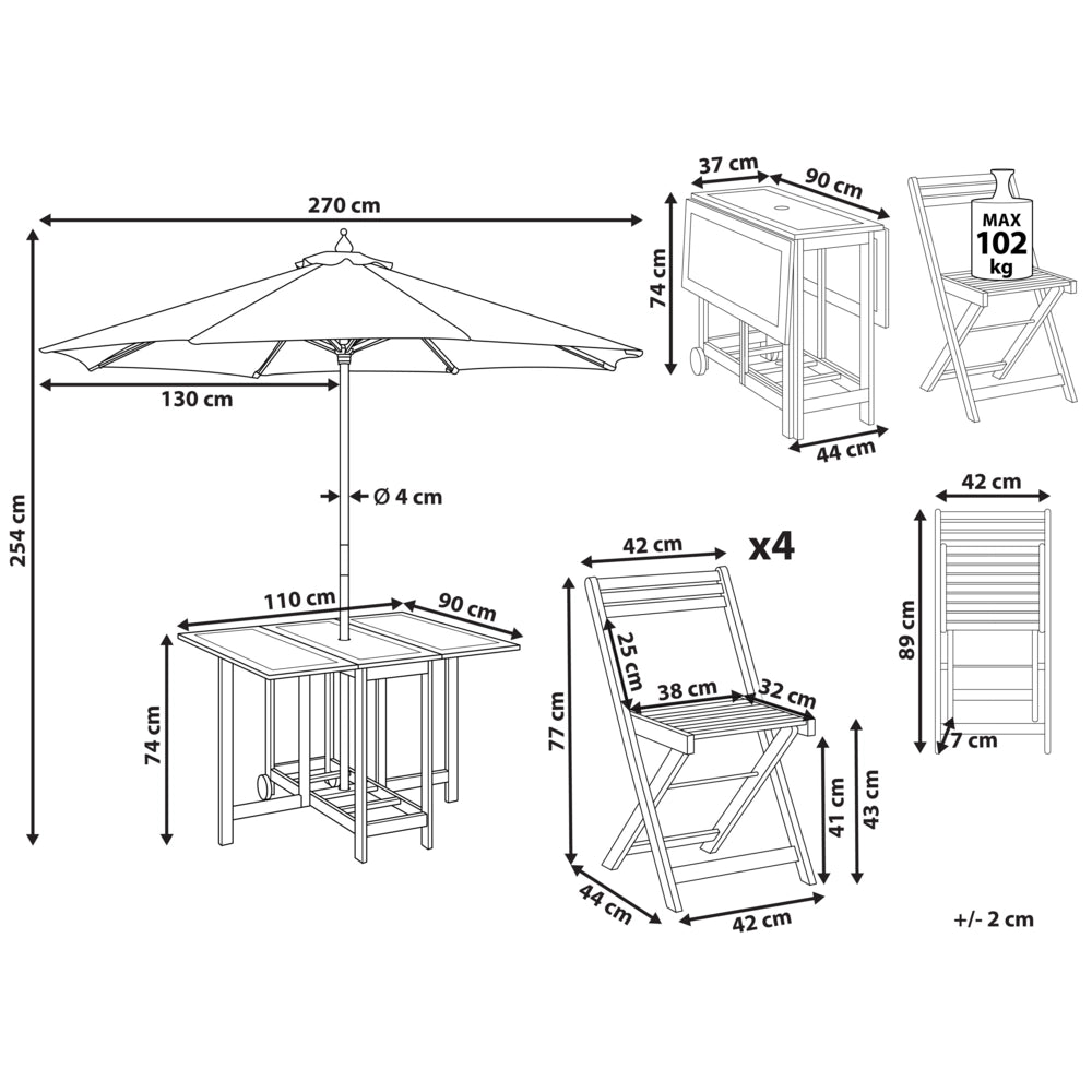 Set da pranzo da giardino con ombrellone Tavolo rettangolare in legno massiccio di acacia chiaro 4 sedie da esterno pieghevoli in stile rustico design moderno