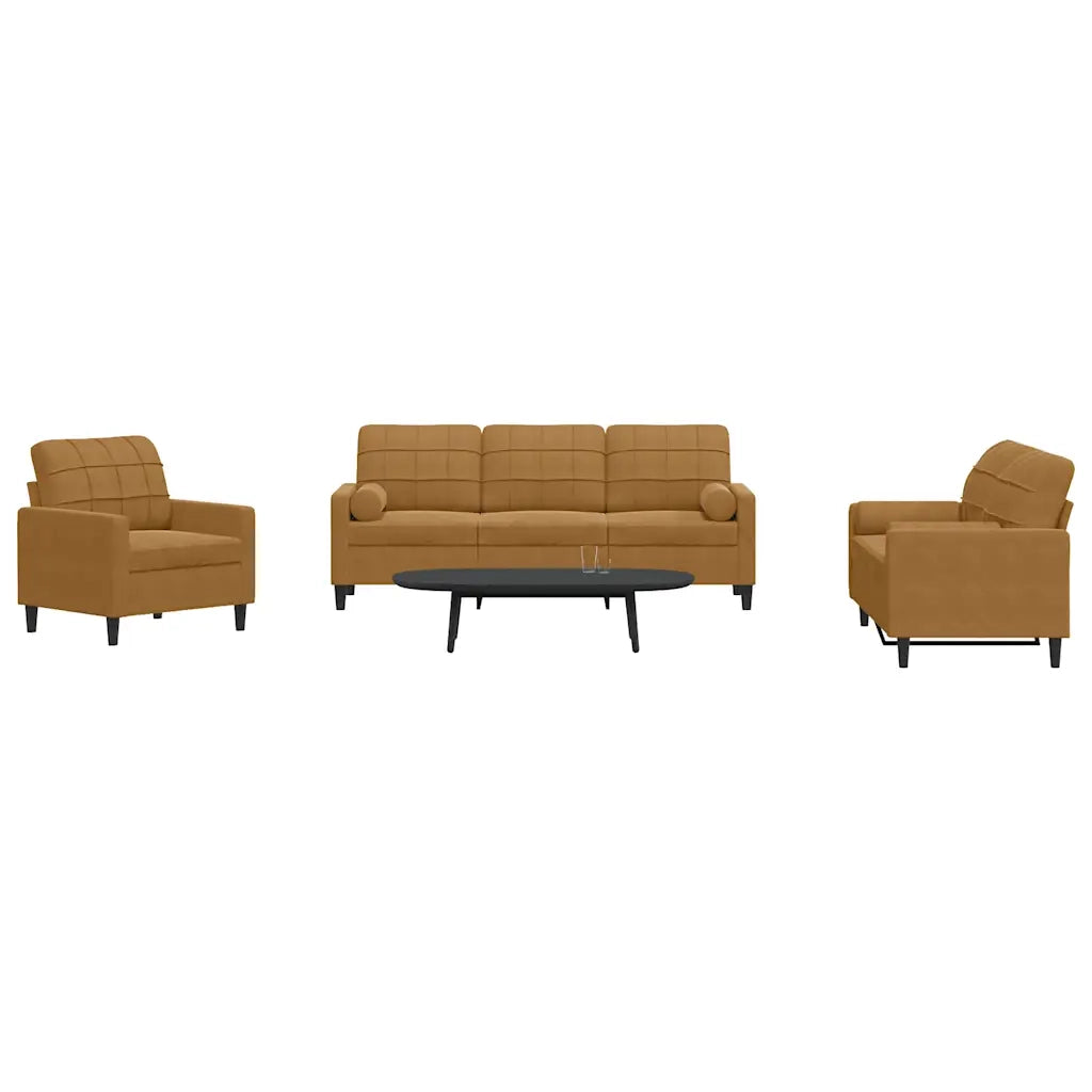 Set di Divani 3 pz con Cuscini e Rinforzi Marrone in Velluto