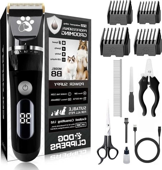 Draadloso Trimmer per Animali da Compagnia - Silenzioso - Impermeabile - Display a LED - Set di Spazzole per Pulizia - Kit per Cura delle Unghie per Cani