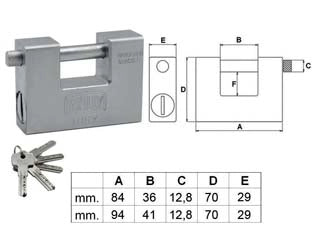 LUCCHETTO CORAZZATO RETTANGOLARE MONOBLOCCO IN ACCIAIO 300- - mm.84 KA (300-84S) - 1 pezzi WALLY