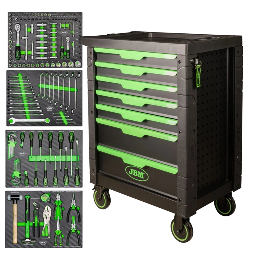 Carrello officina JBM armadio a 7 cassetti con 172 utensili in moduli EVA, chiusura centralizzata e ruote professionali per officine e meccanici