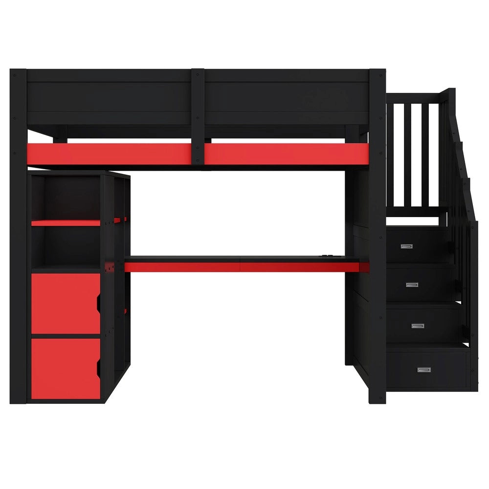 Letto a Soppalco Gaming in Legno con Scrivania, LED, USB e Cassetti ¨C MINIMAL ¨C 140x200, Nero/Rosso