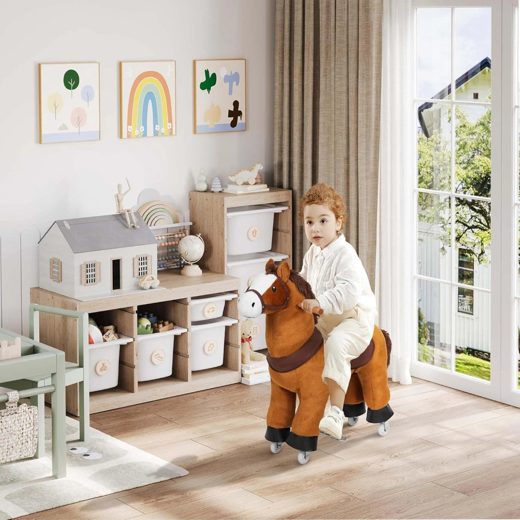 Cavallo a Dondolo su Ruote per Bambini, Cavalluccio Cavalcabile in Peluche con Suoni, per Interni ed Esterni, Giocattolo da 4 Anni, Struttura in Legno e Metallo, Marrone
