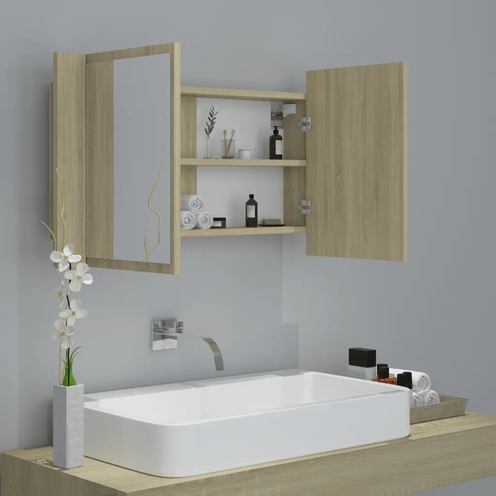 Armadietto a Specchio con Luci LED Rovere Sonoma in Acrilico 804967