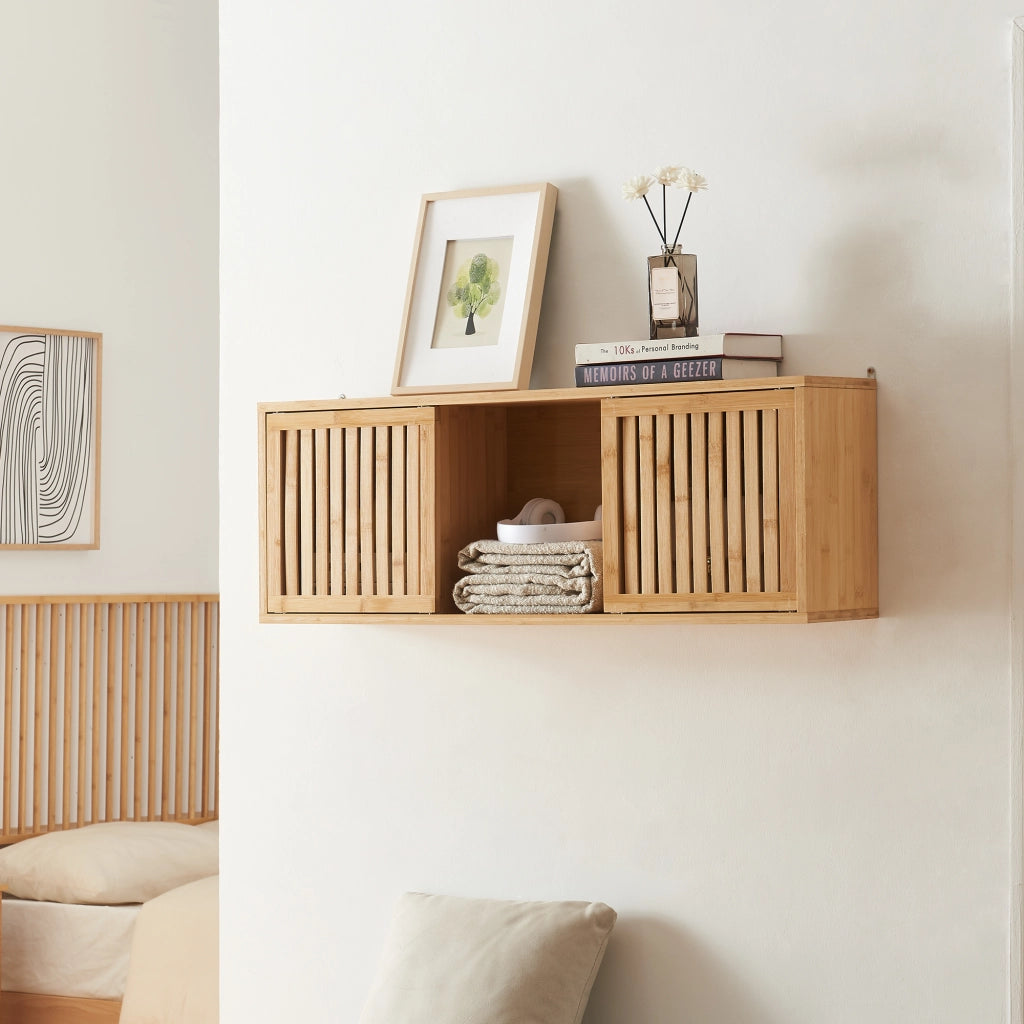Armadietto da Parete Ypäjä con Ante Scorrevoli 93x20x33 cm Bambù Naturale [en.casa]