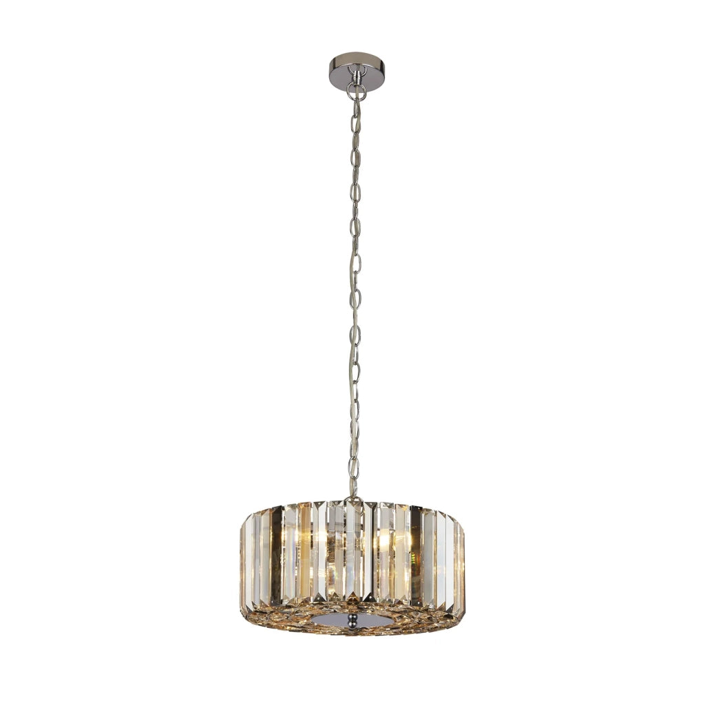 Lampadario Contemporaneo Chapeau Acciaio Cromo Vetro Ambra 3 Luci E27