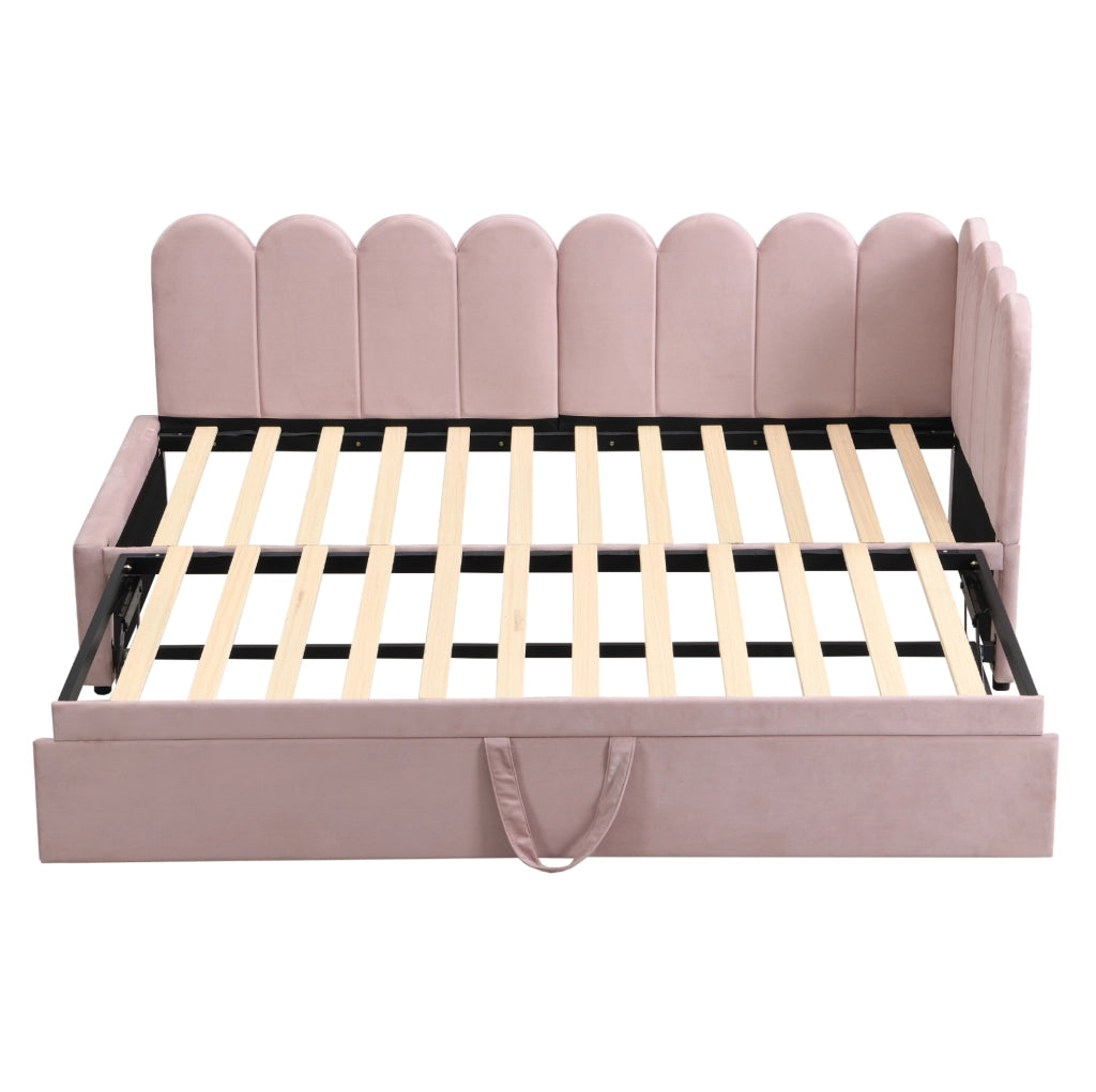 Divano letto 90x200 cm; estraibile a L; tessuto effetto velluto; rosa