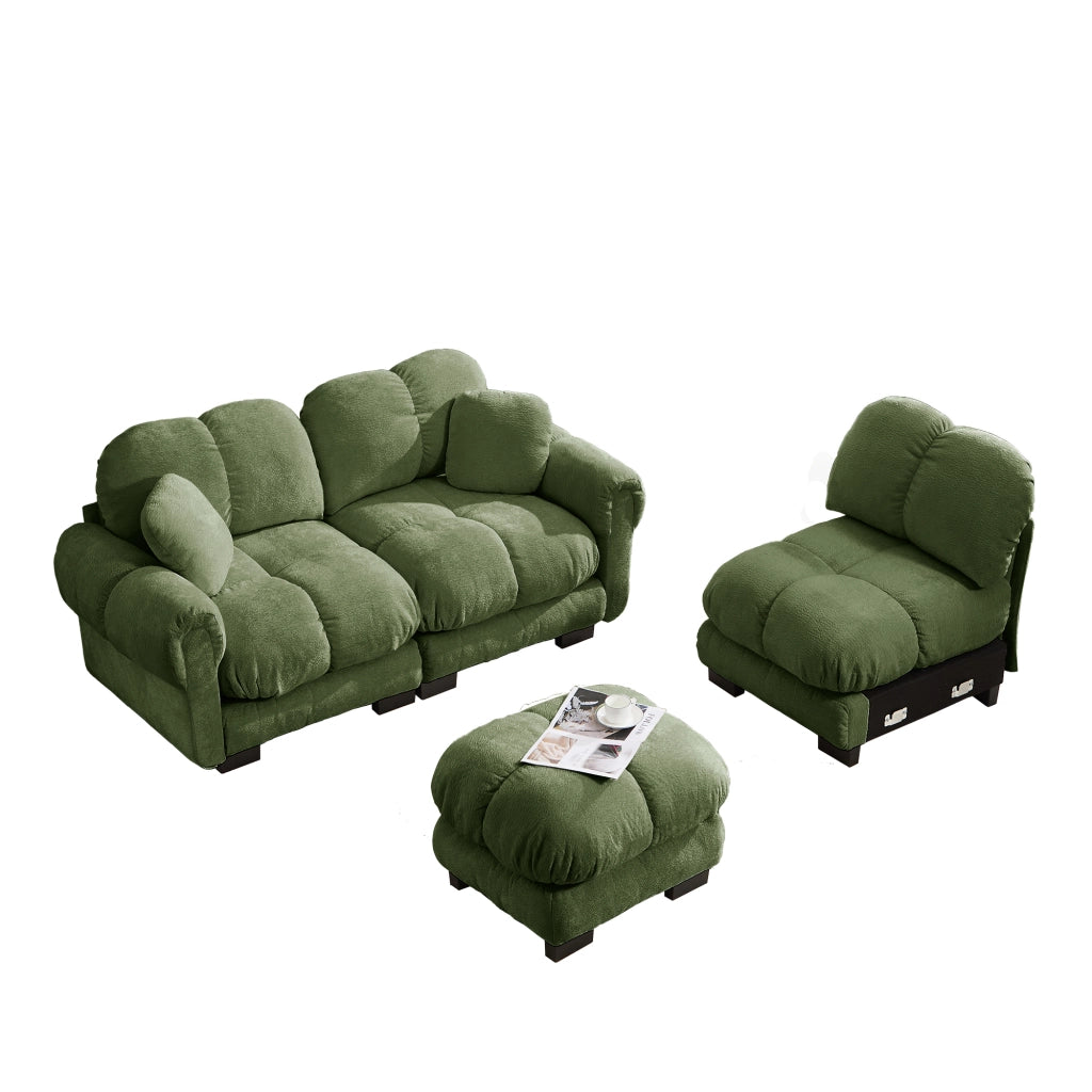 Divano angolare modulare 3 posti con chaise longue mobile e cuscino lombare per soggiorno in chenille verde
