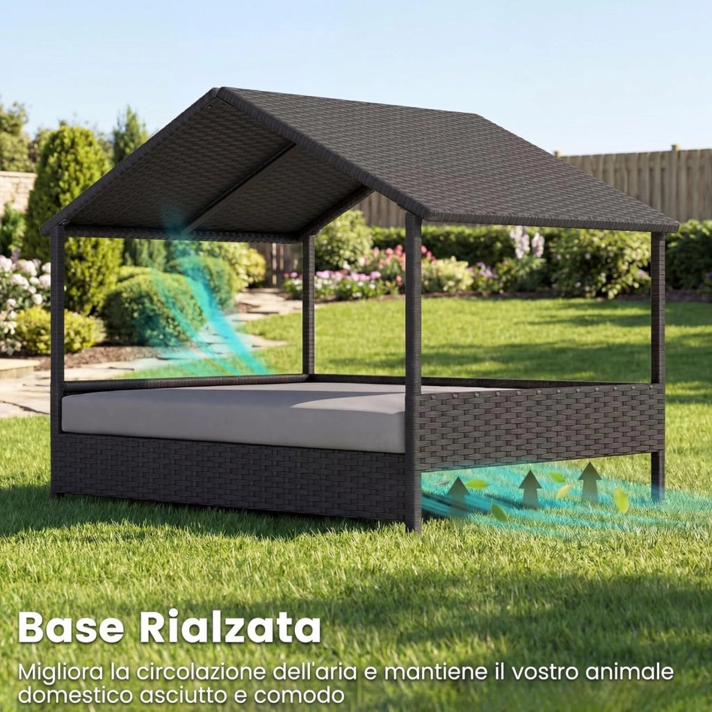 Casetta per Cani da Esterno e Interno, Letto Rialzato in Rattan con Struttura in Metallo, Tetto Impermeabile e Cuscino Rimovibile, per Cani di Taglia Piccola e Media fino a 60 KG (Grigio)
