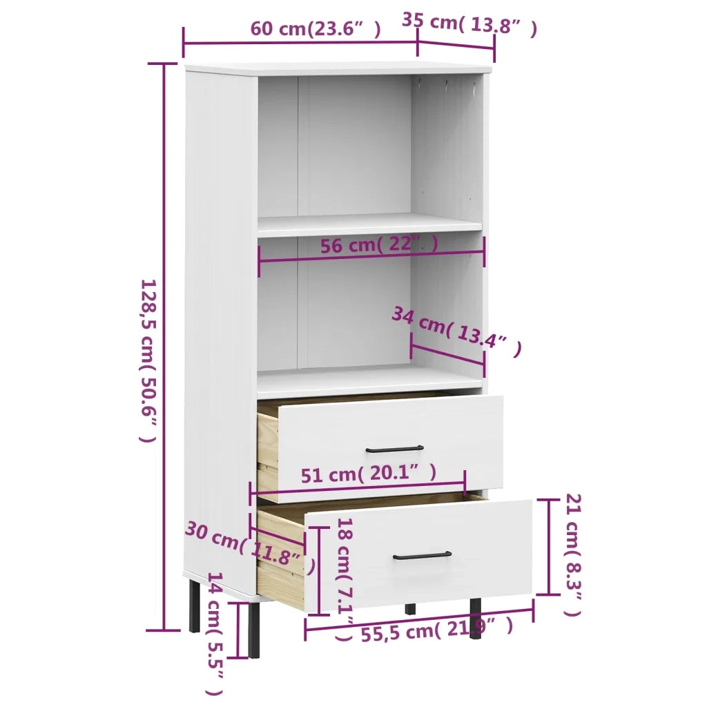 Libreria 2 Cassetti Bianco 60x35x128,5 cm Legno Massello OSLO 351011