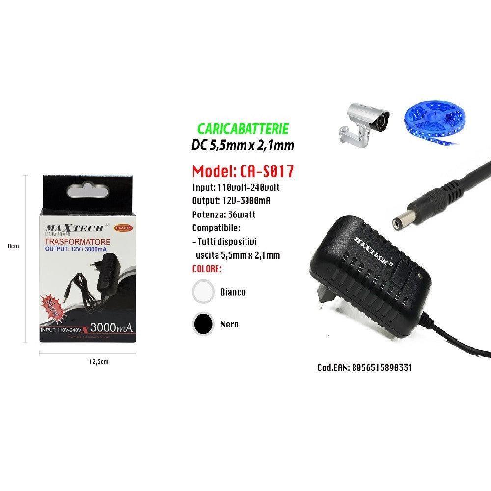 Trade Shop - Caricabatterie Dc 5,5mm X 2,1 Mm Trasformatore Output 12v/3000ma Maxtech Ca-s017t -