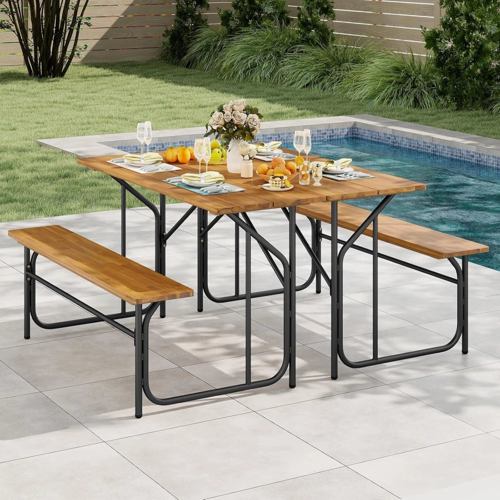 Panca da tavolo da picnic mezza per 2 persone, set tavolo da pranzo e panca in legno di acacia con struttura in metallo resistente, per patio, veranda, giardino, cortile posteriore