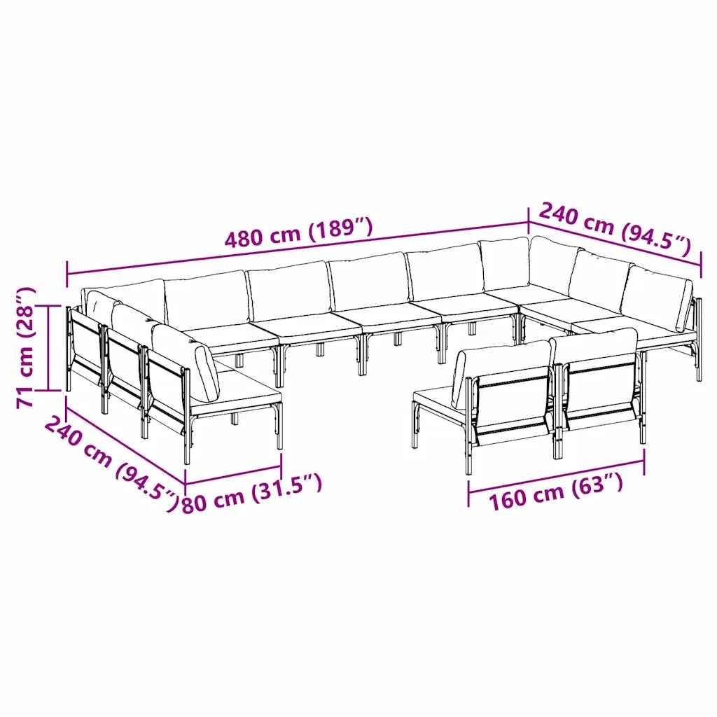 Set Divano da Giardino con cuscino 12 pcs Nero Acciaio 3379020