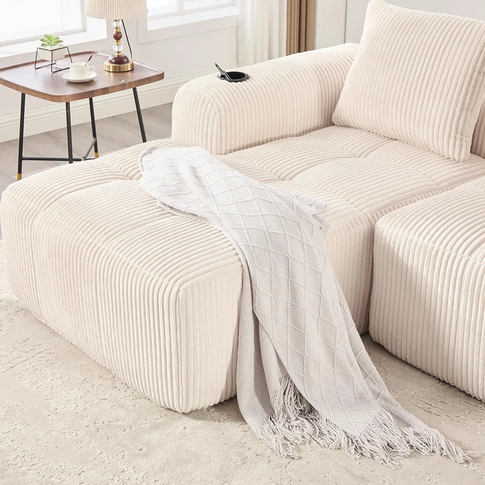 Divano compatto in velluto costellato - Xylo - Beige - Confort premium, modulare, tasca laterale e porta-bevande