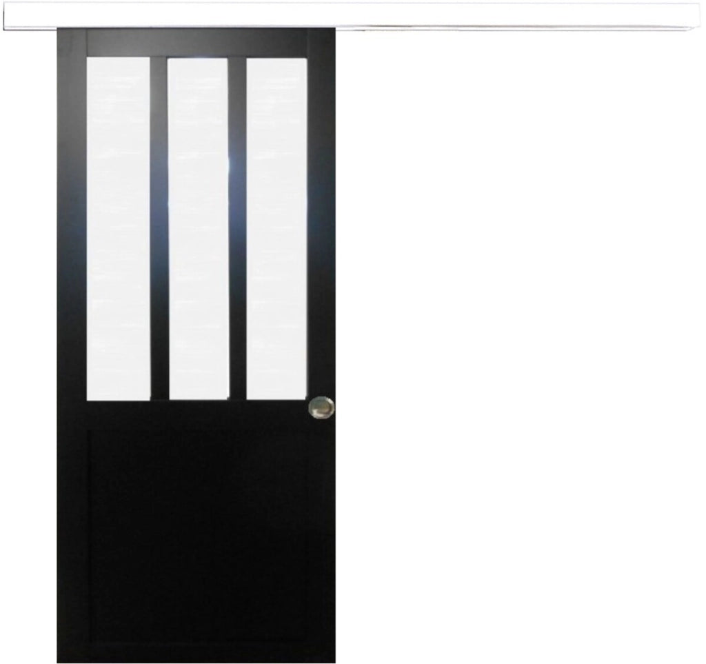 Porta scorrevole nera da officina in vetro satinato H204 x L73 + binario in alluminio striscia bianca e 2 conchiglie