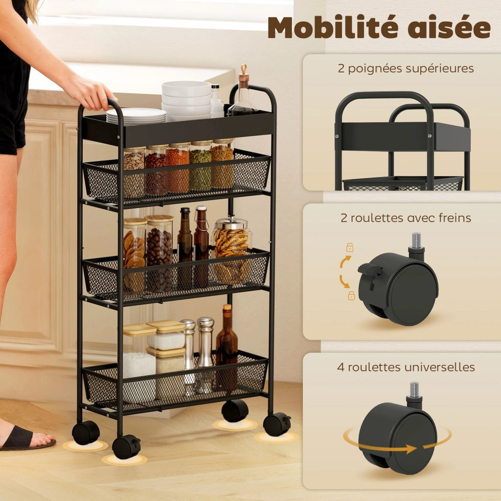 Carrello a 4 livelli con 3 cesti scorrevoli ¨C zephmum ¨C nero 80x43.2x19 cm