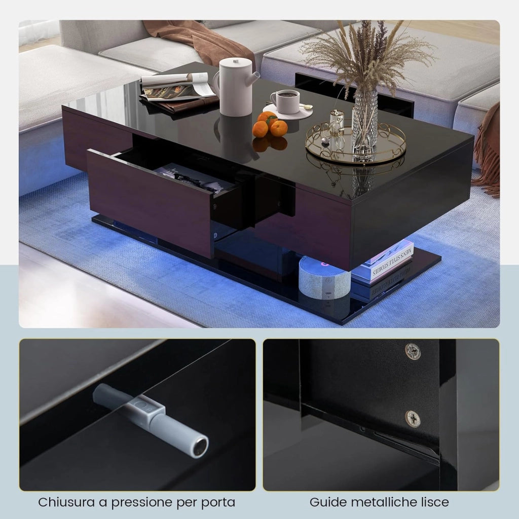 Tavolino da Caffè Moderno, Tavolino a 2 Piani con 20 Luci LED a Colori, 2 Cassetti Portaoggetti e Finitura Lucida, Tavolino Rettangolare per Salotto, Studio e Camera da Letto (Nero)