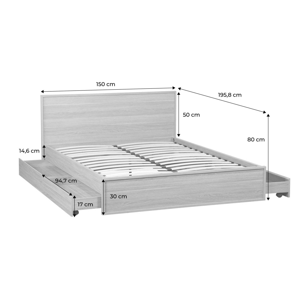 Letto con rete a doghe e testiera 140x190cm + 4 cassetti, noce