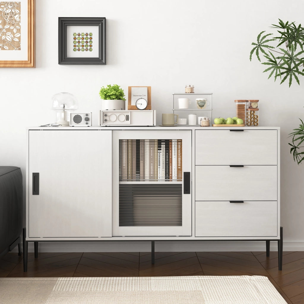 OKWISH Credenza con 2 Ante in Vetro Rigato e 3 Cassetti, per Ingresso o Cucina, in Pannelli di Particelle, Bianco