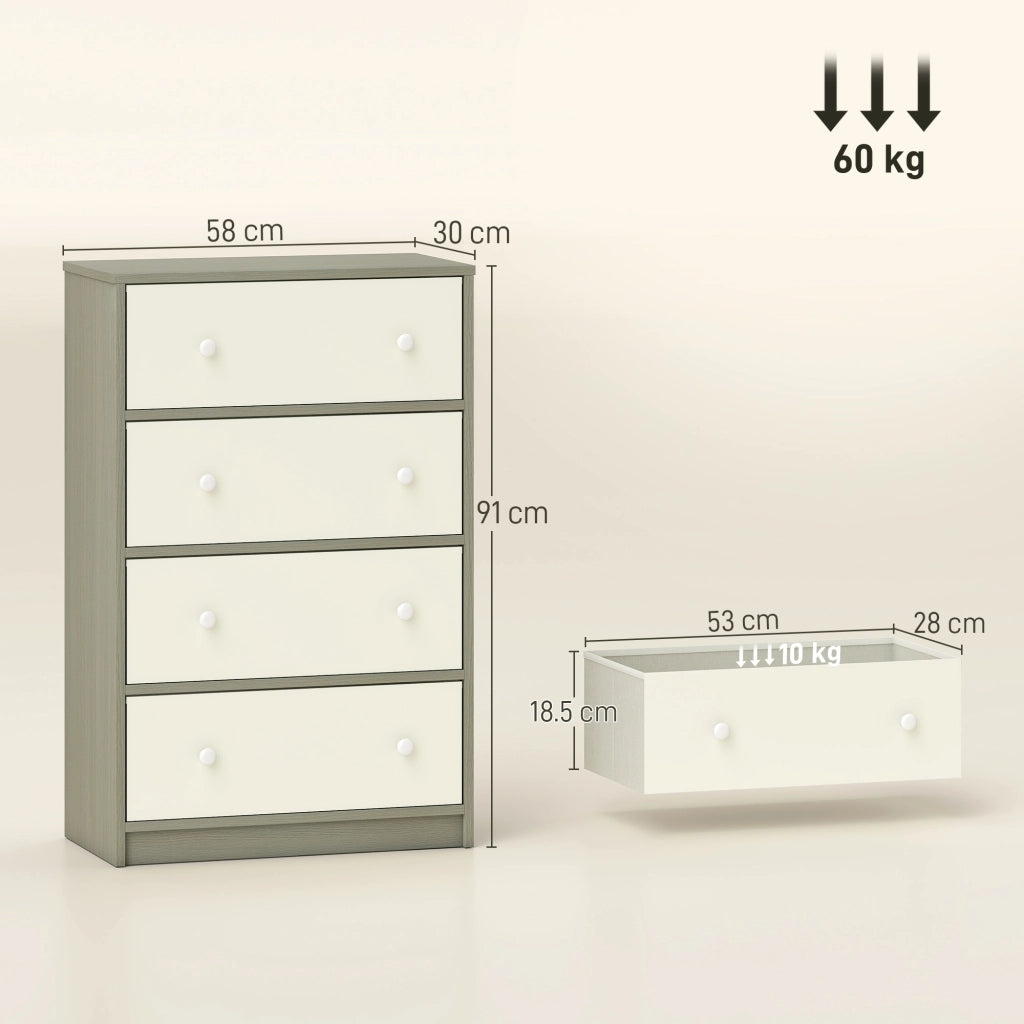 Cassettiera con 4 Cassetti in Tessuto 58x30x91 cm con Maniglie Doppie Struttura in MDF Bianco e Grigio