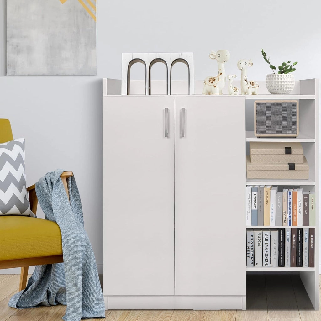 Mobile scarpe con ampio vassoio, armadio chiuso, 2 ripiani interni regolabili e 4 ripiani aperti, armadio a scarpe stile moderno per ingresso, corridoio, soggiorno (bianco)