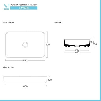 Lavabo da appoggio rettangolare 65 in ceramica bianco lucido  Epsilon