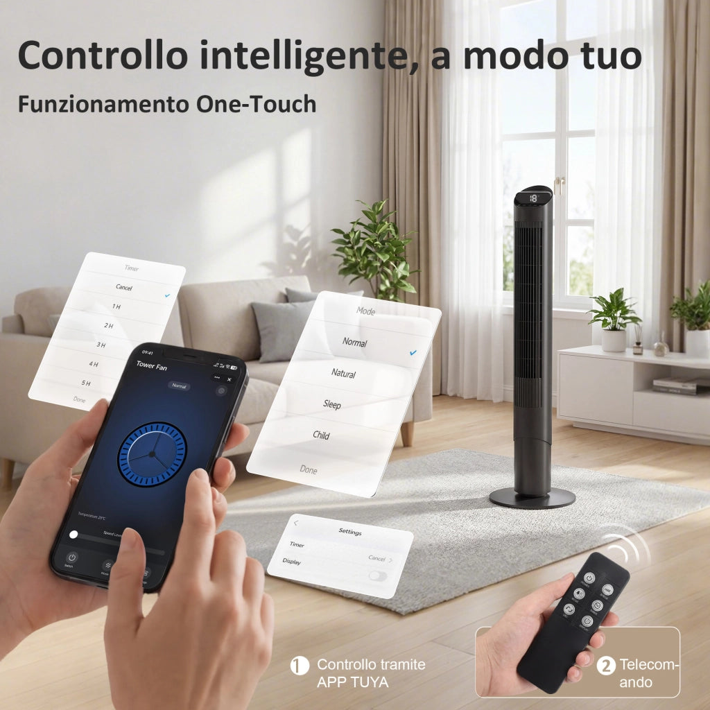 Ventilatore Torre 116 cm ¨C zephmum ¨C Nero, WiFi App Controllo