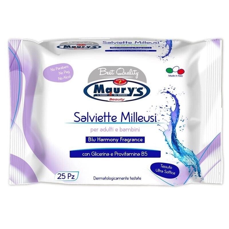 MAURY'S SALVIETTE DETERGENTI UMIDIFICATE MILLEUSI BLU HARMONY 25 PZ PER ADULTI E BAMBINI