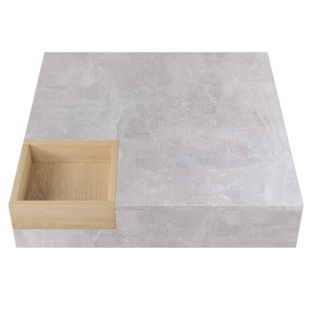 Tavolino da caffè 72x72x30 cm grigio cemento con box contenitore estraibile