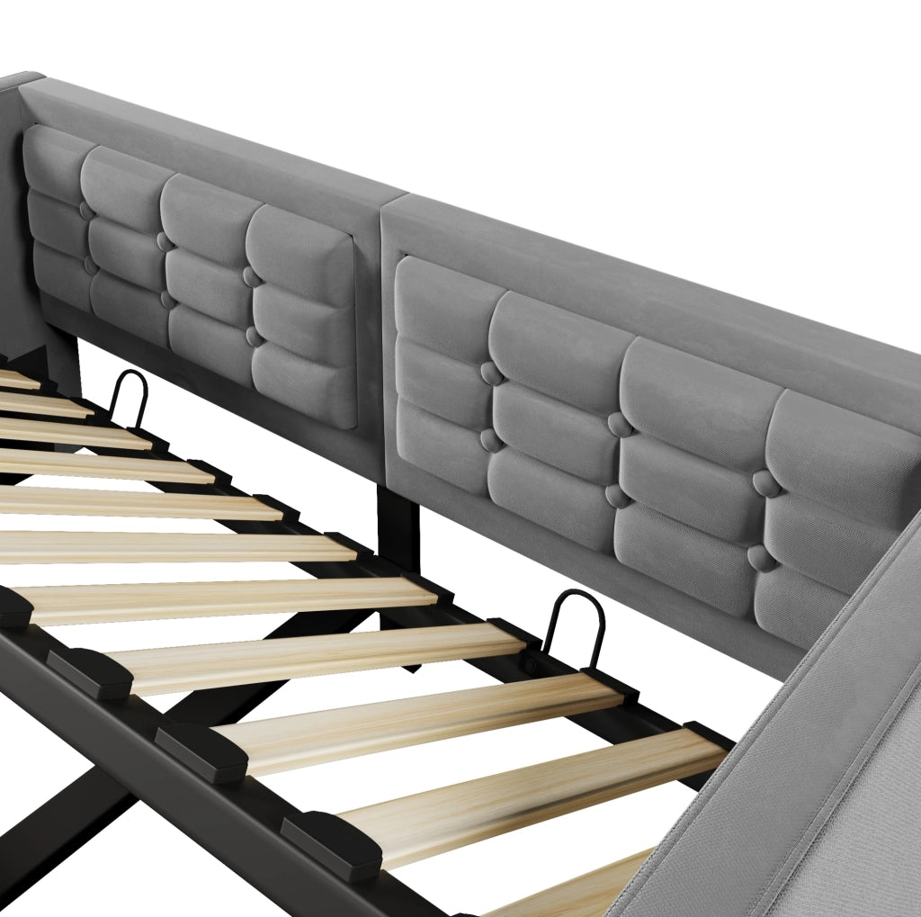 Divano letto singolo 90x190 cm in velluto grigio con contenitore idraulico e USB Type-C