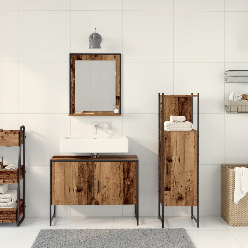 Set di mobili per bagno 3 pezzi in legno vecchio in legno ingegnerizzato