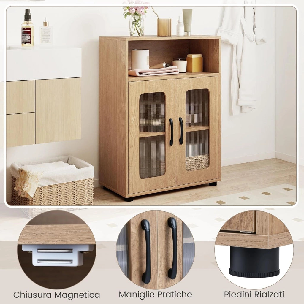 Mobile da Bagno, Mobiletto Salvaspazio con 2 Ante e Ripiano Regolabile a 3 Livelli, Scomparto Aperto, Design Anti-Ribaltamento e Piedini Rialzati, Armadietto per Lavanderia (Naturale)