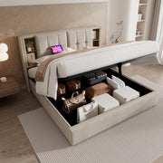 OKWISH Letto contenitore 140×200 cm, Letto Matrimoniale con Ricarica Wireless, USB, Type C e 4 Vani, senza Materasso, Lino Naturale
