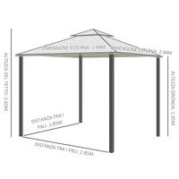Gazebo da Giardino 2.95x2.95m in Metallo Doppio Tetto Zanzariera e Laterali Beige