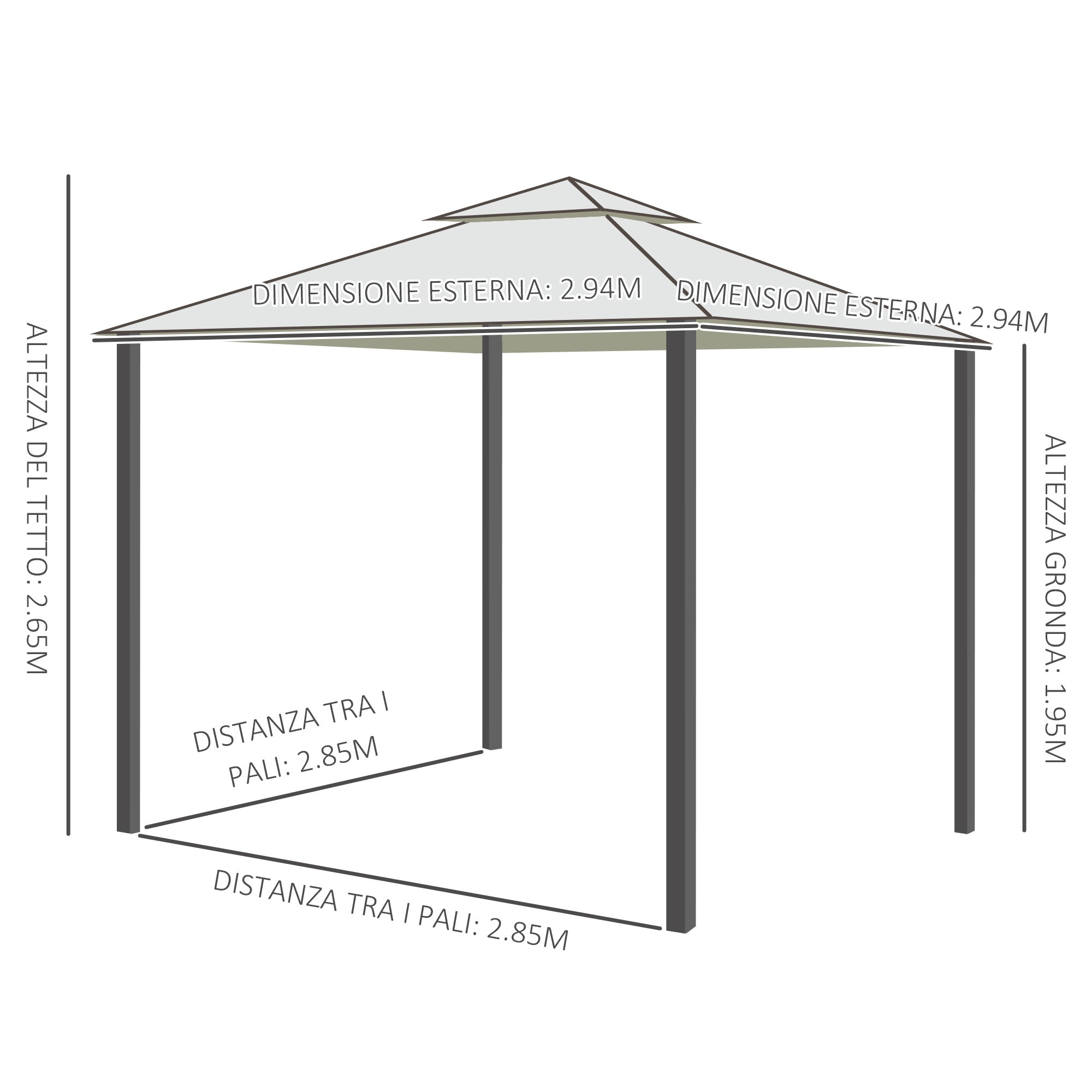 Gazebo da Giardino 2.95x2.95m in Metallo Doppio Tetto Zanzariera e Laterali Beige