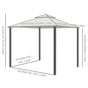 Gazebo da Giardino 2.95x2.95m in Metallo Doppio Tetto Zanzariera e Laterali Beige