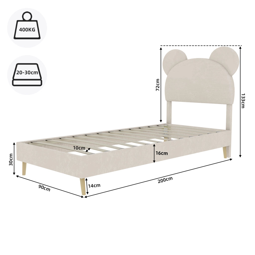 Letto Singolo 90x200 cm; Contenitore; Testiera Sagomata; in Tessuto e Metallo; Beige