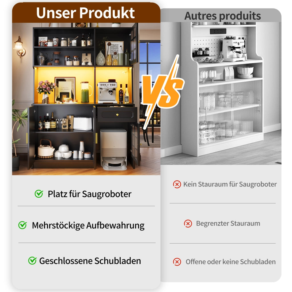 Credenza da cucina alta con ante in vetro e LED; vano per robot aspirapolvere; per cucina; in MDF; nero; 130x45x180 cm
