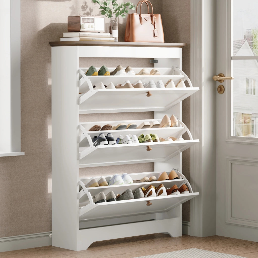Mobile Scarpiera con 3 Ante a Ribalta; Piano Marrone e Maniglie Rotonde; Stile Country; in MDF; Bianco; 87×26×120 cm