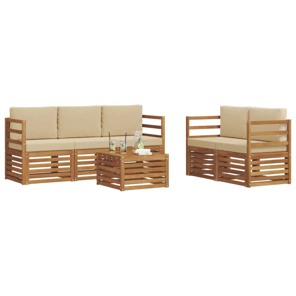 Set divani 6 pcs Naturale e Beige Legno di Acacia Massello