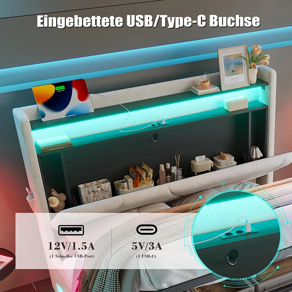 Letto 140x200cm imbottito - Xylo - LED USB tasche laterali idraulico