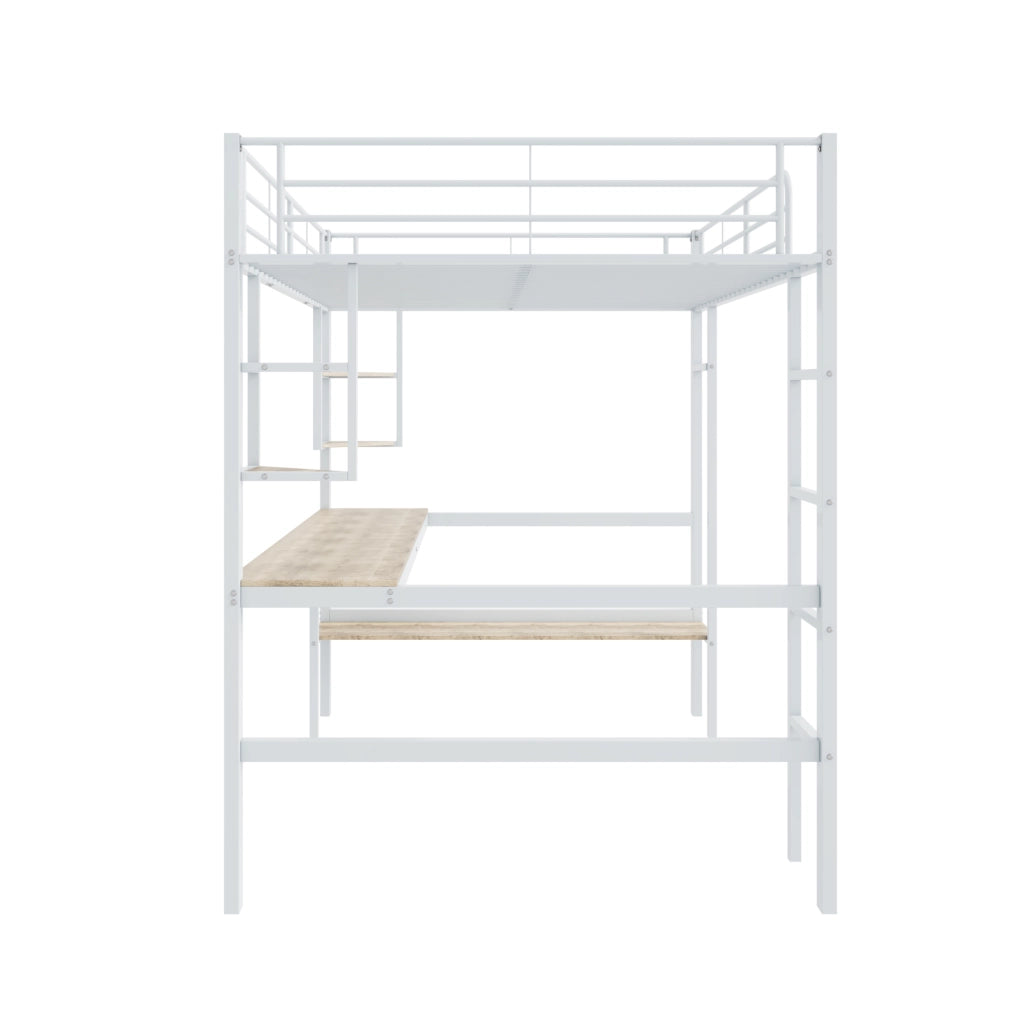 Letto a soppalco 140x200 cm con scrivania; scaffali e libreria in metallo e MDF; bianco