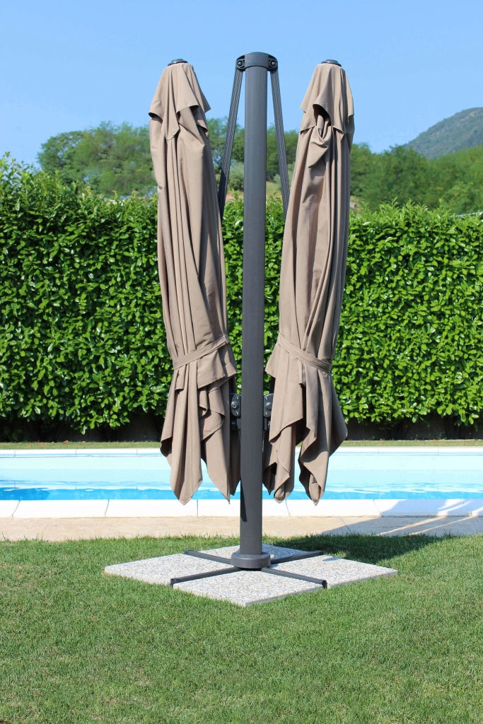 OMBRELLONE DOPPIO ARCHIMEDE 3 X 3 ANTRACITE E TELO ANTIVENTO TAUPE