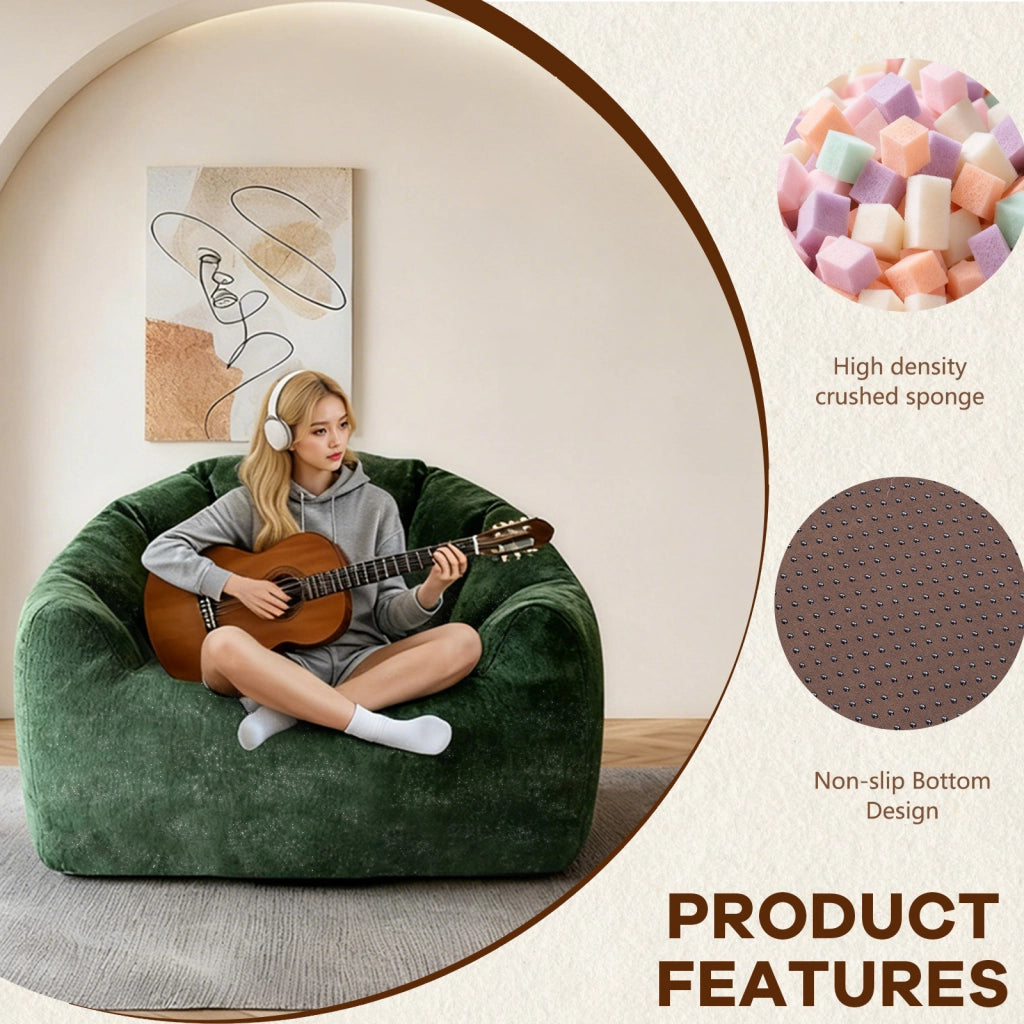 Poltrona pouf rotonda ergonomica con supporto avvolgente e ampia seduta in flanella verde 49.0 × 40.0 × 28.0 cm