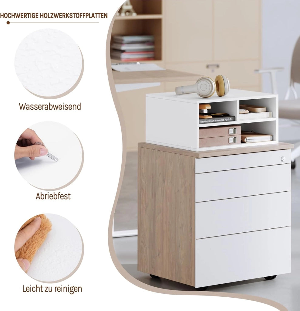 Schedario da Ufficio a 2 Livelli con Custodia, Porta Stampante da Scrivania in Legno con 3 Scomparti per l'Ufficio, 47x40x22,5cm, Bianco, ASK15ws