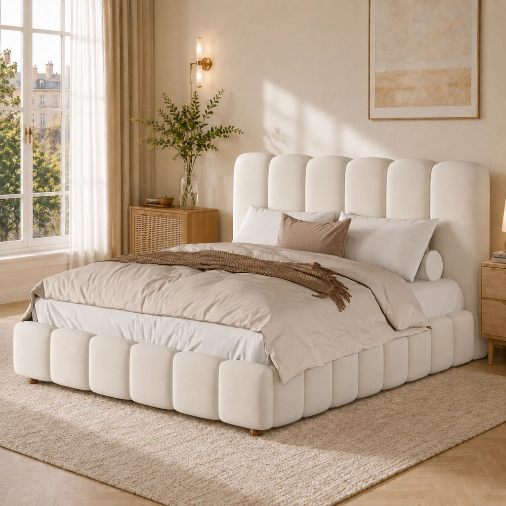 Letto imbottito con contenitore idraulico, 140x190 cm, velluto beige