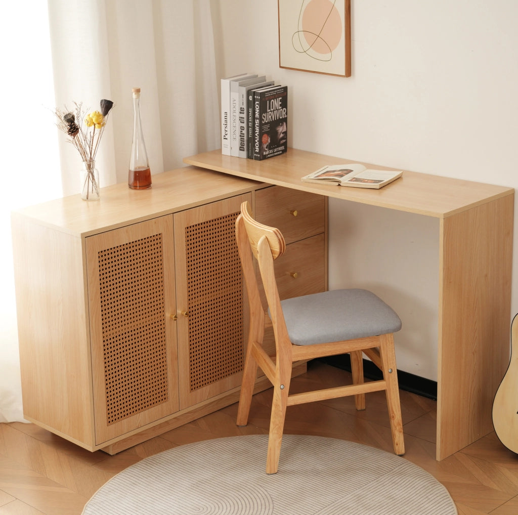 Scrivania 126x40x75 cm con tavoli girevoli a 360°; 3 armadi; MDF; naturale